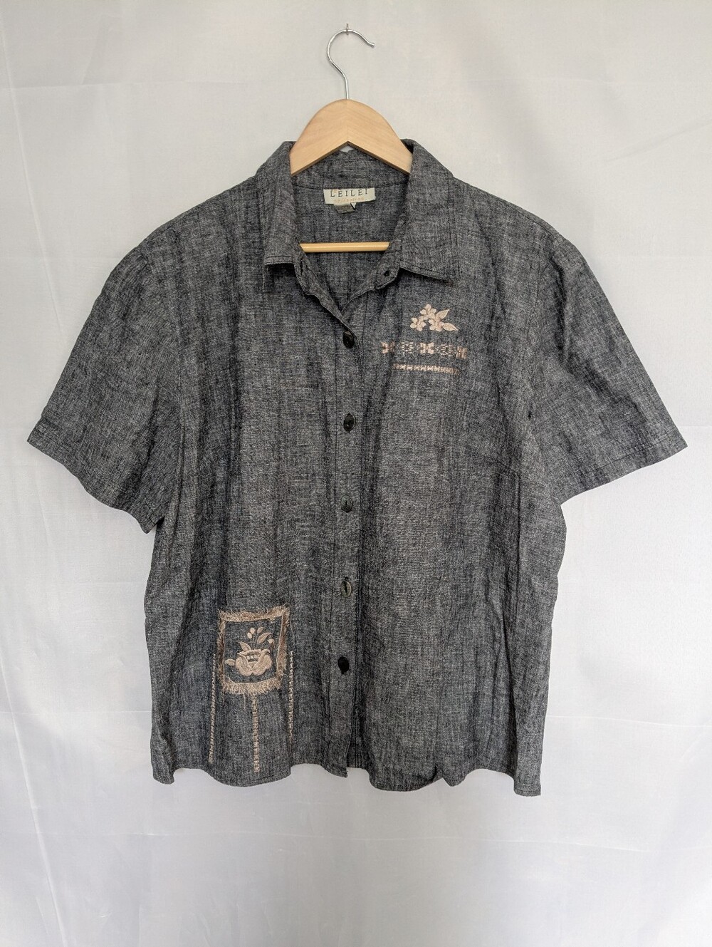 Leilei Collection Linen Cotton Blend Embroidered Button Down Shirt Top Blouse 2X